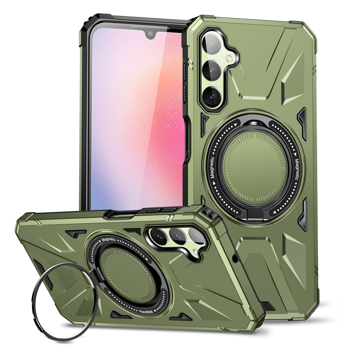Grüne Handyhülle mit Ringhalter. Ein Telefon ist im Inneren der Hülle sichtbar. Die Hülle hat ein robustes, eckiges Design.