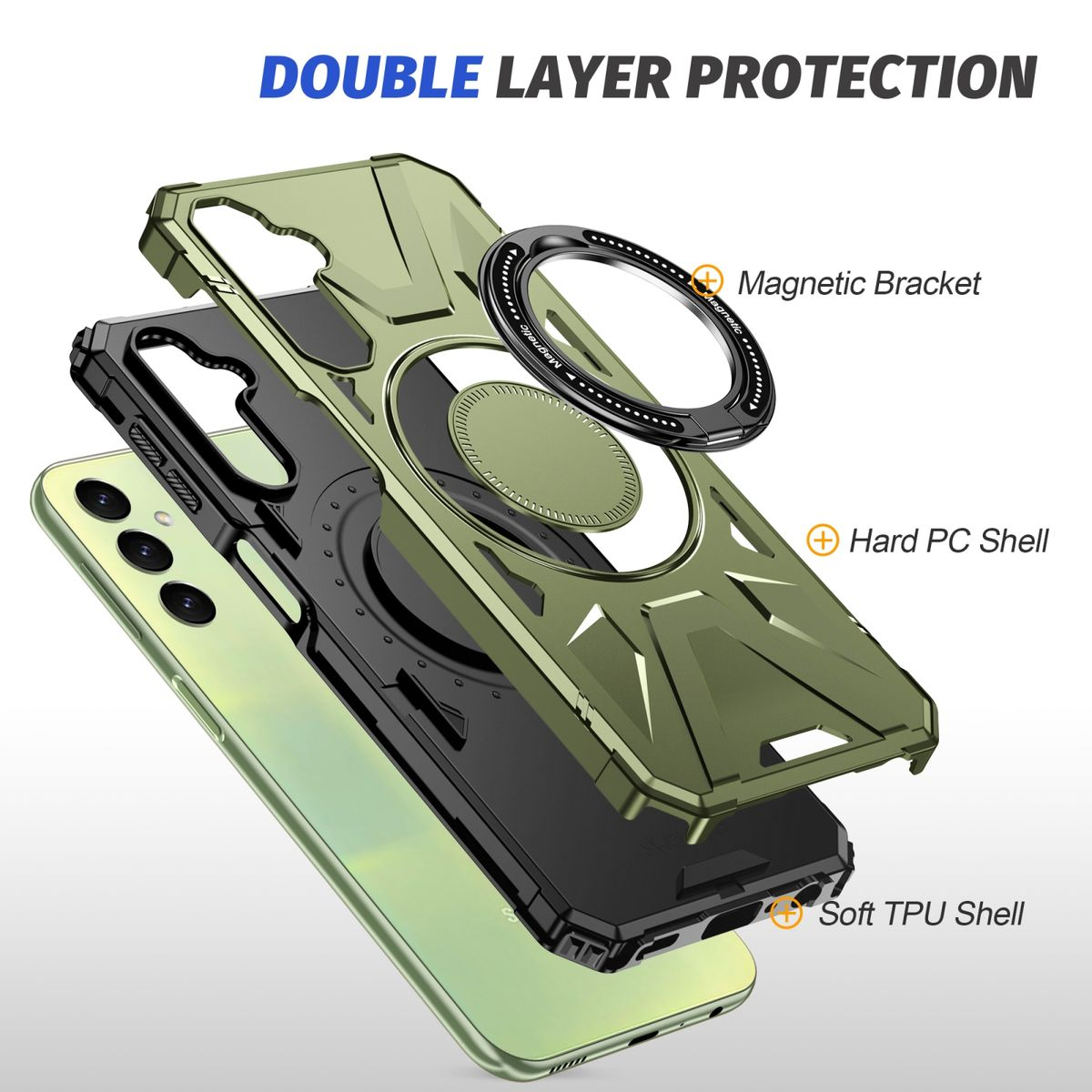 Handyhülle in Schichten: magnetische Halterung, harte PC-Schale und weiche TPU-Schale.