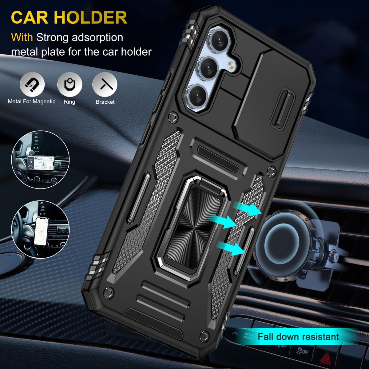 Schwarze Handyhülle an einer Autohalterung befestigt, mit Ring und anderen Funktionen.
