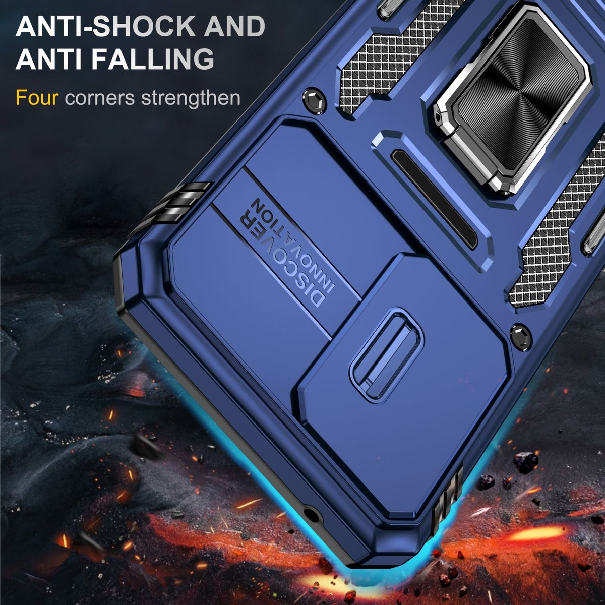 Nahaufnahme einer blauen Handyhülle mit Metallring. Der Text lautet: Anti-Schock und Anti-Sturz.