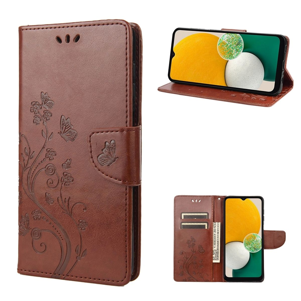 Braune Leder-Handyhülle mit Schmetterlingsdesign. Telefon wird in verschiedenen Winkeln angezeigt.