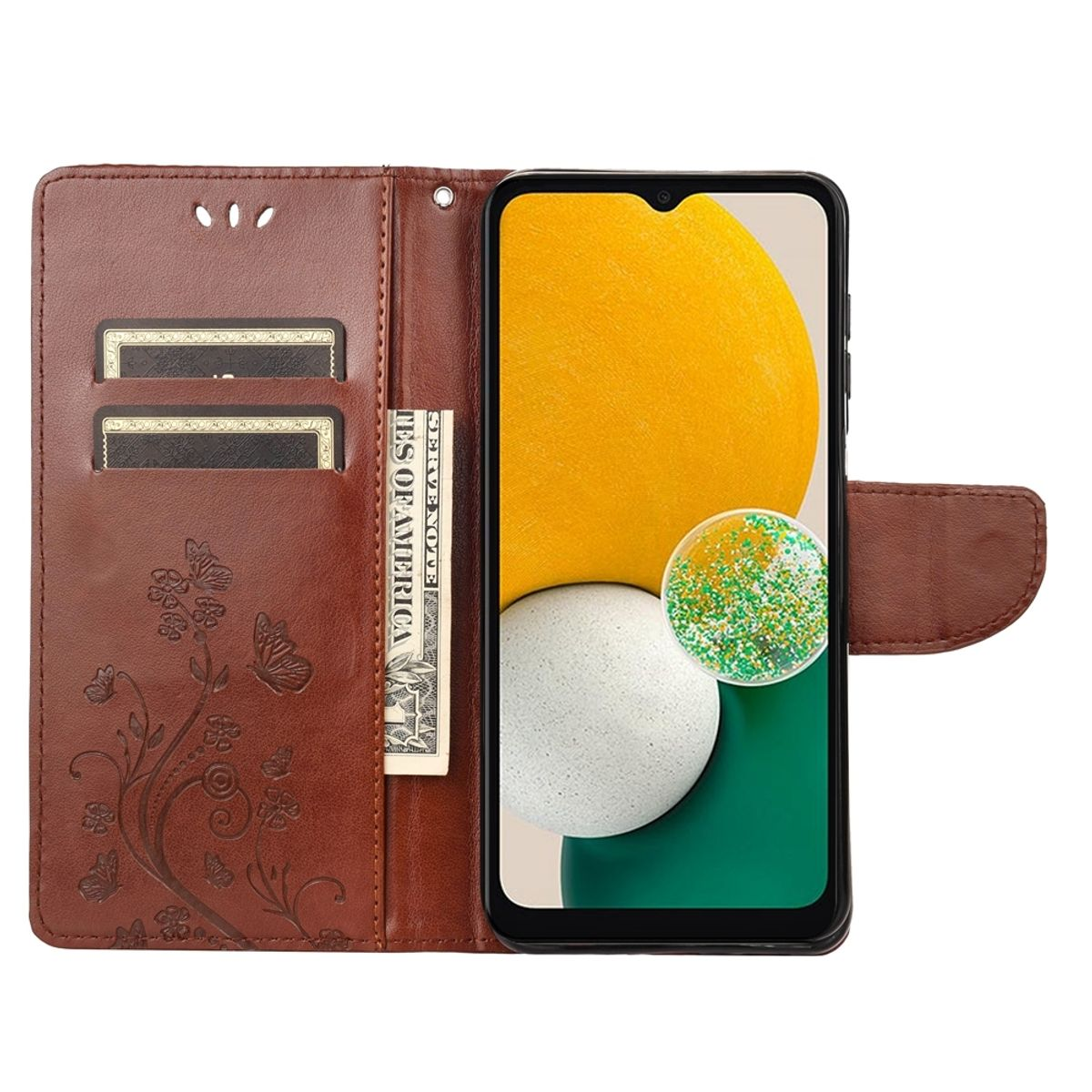 Eine braune Handyhülle mit floralem Design, geöffnet, um ein Telefon, eine Rechnung und Kartenfächer zu zeigen.