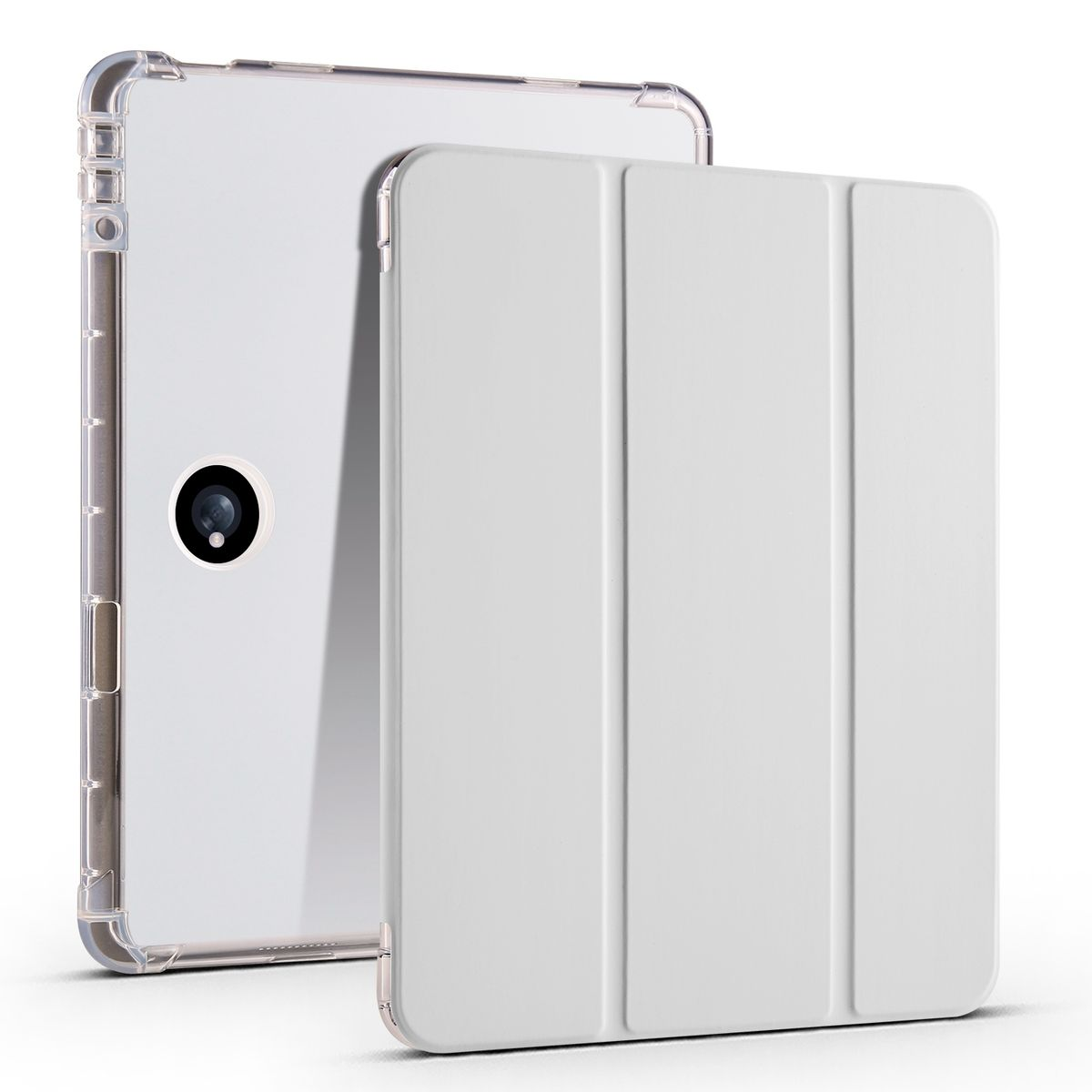 Weißes Tablet mit durchsichtiger Hülle und geschlossenem weißen Cover.