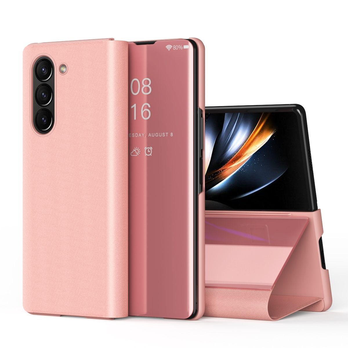 Pinke Handyhülle, geschlossen und offen, mit Telefon. Zeigt Datum und Uhrzeit auf der Vorderseite.