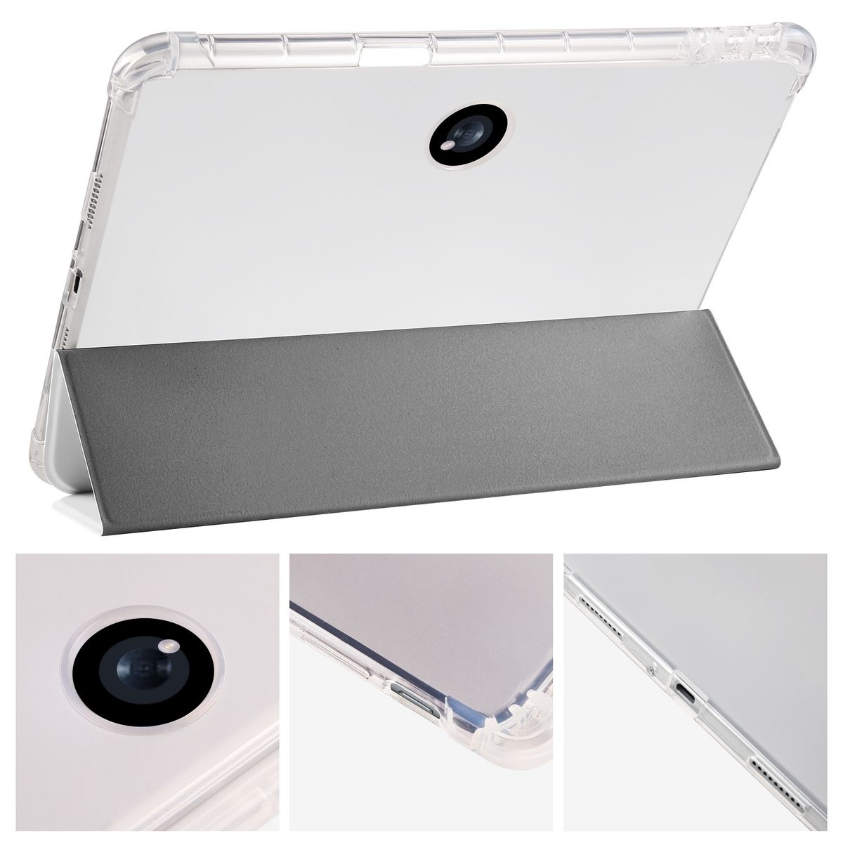 Eine Tablet-Hülle mit weißer Rückseite und einem dunkelgrauen Ständer.