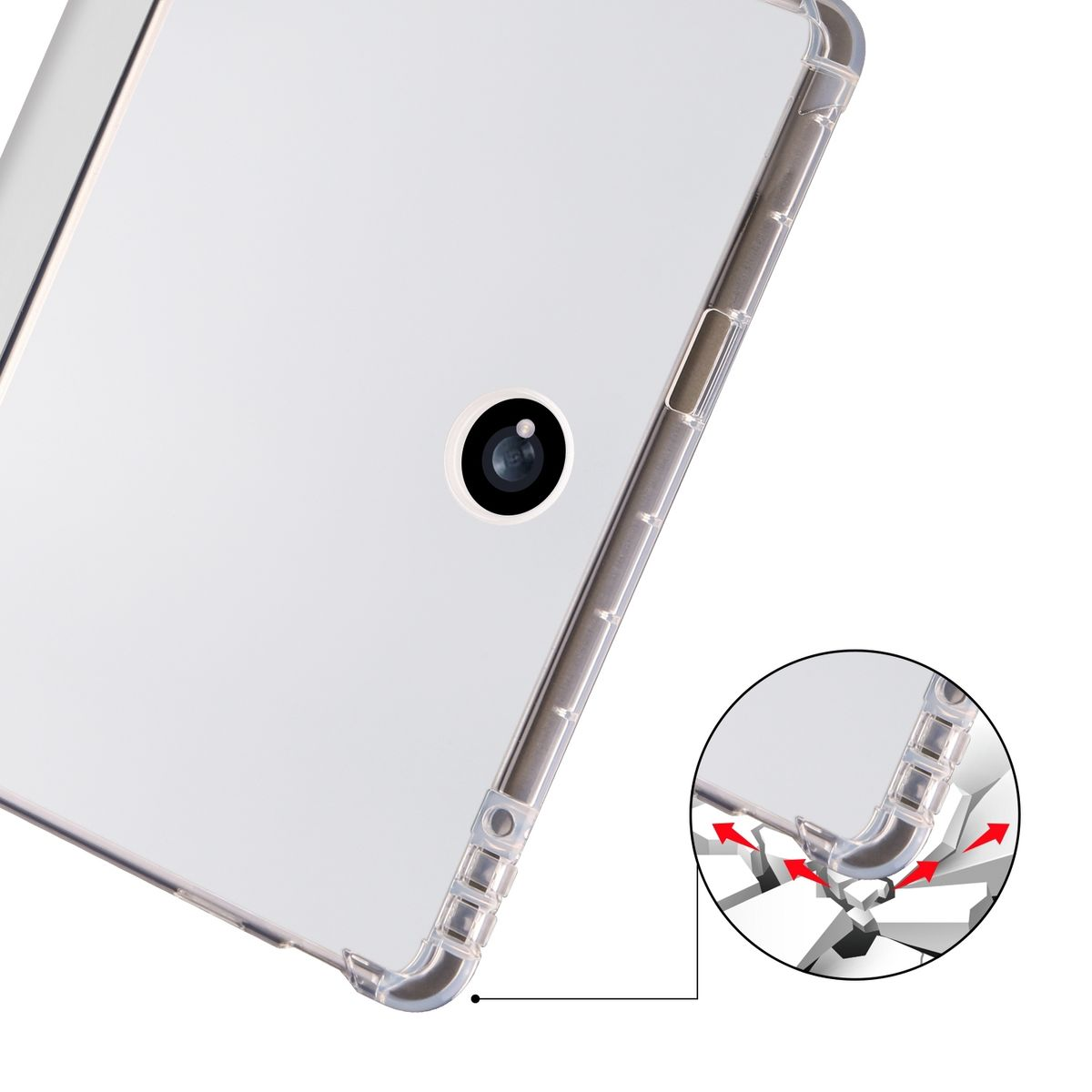 Eine transparente Tablethülle mit einem Kamera Loch. Die Hülle hat Details, die zeigen, dass sie schützend ist.