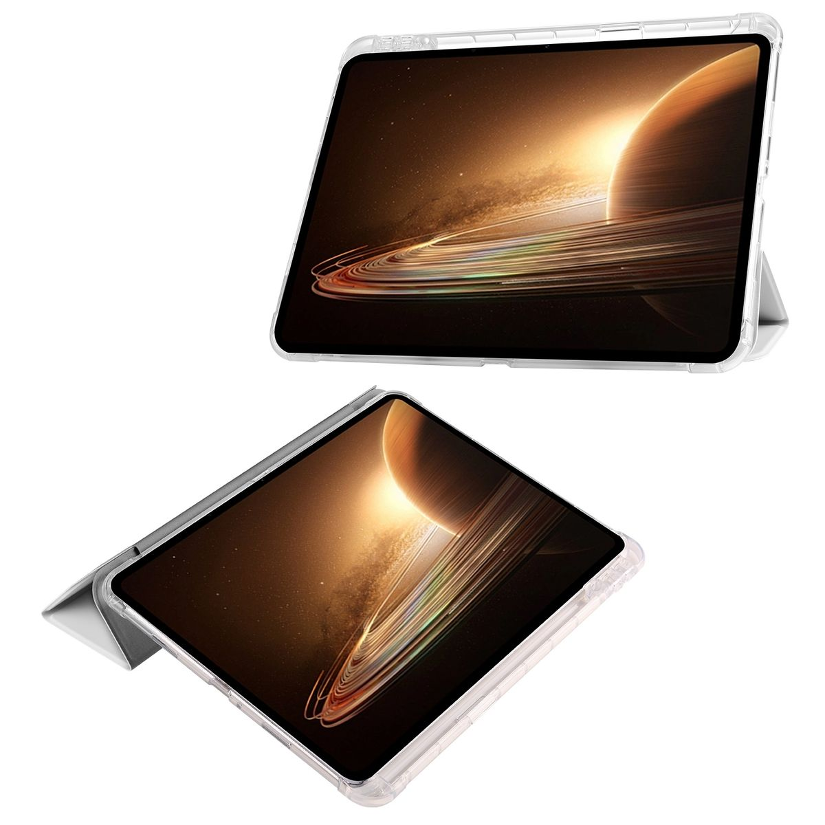 Eine transparente Tablethülle mit Ständerfunktion. Zwei Bilder zeigen das Tablet in verschiedenen Positionen.
