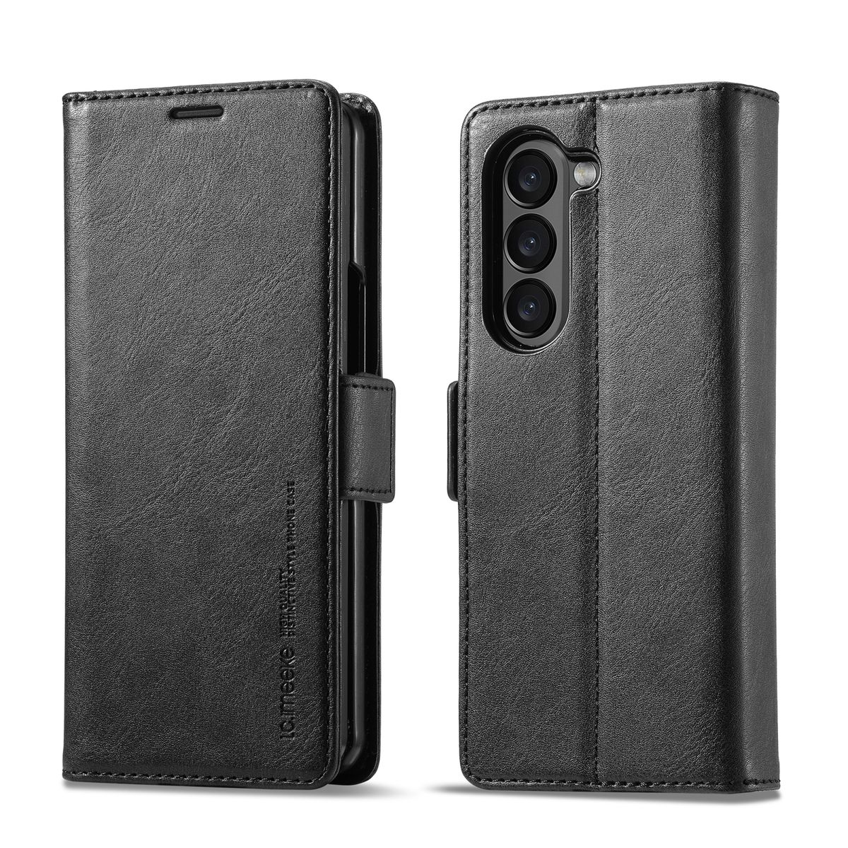Schwarze Leder-Handyhülle. Geschlossene und offene Ansicht. Magnetverschluss. Hält das Telefon sicher. Innere Kartenfächer sichtbar.