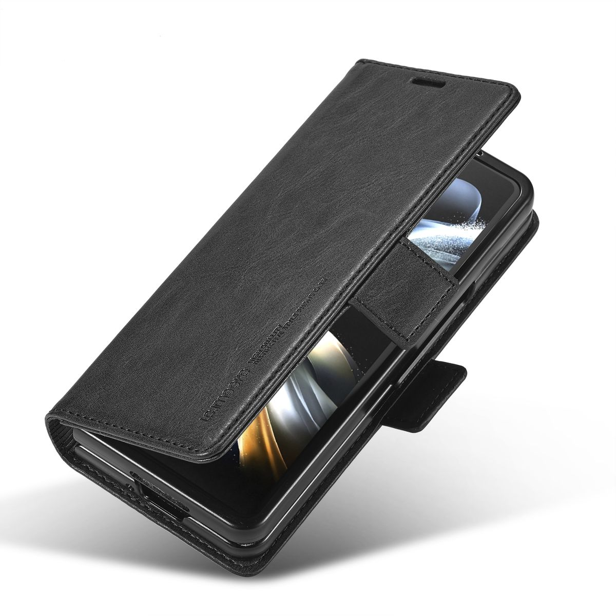 Schwarze Leder-Handyhülle, geöffnet. Das Telefon ist innen sichtbar.