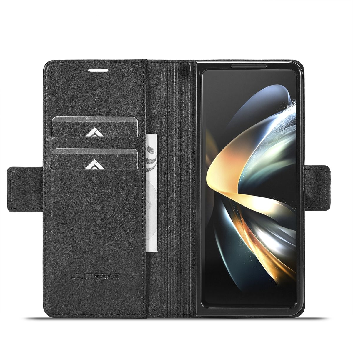 Schwarze Handyhülle, geöffnet, um ein Telefon mit einem Bildschirm mit einem verschwommenen Bild und Kartenfächern zu zeigen.