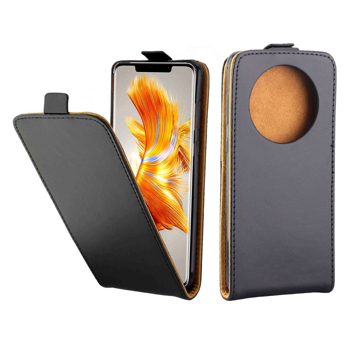 Eine schwarze Handyhülle mit Klappdeckel, die ein Telefon im Inneren und den geöffneten Deckel zeigt.