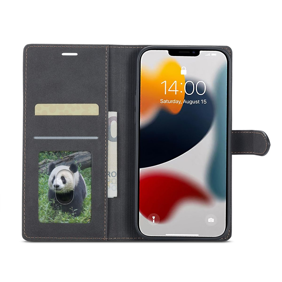 Schwarze Handyhülle mit Panda-Bild und Telefon mit der Uhrzeit 14:00.