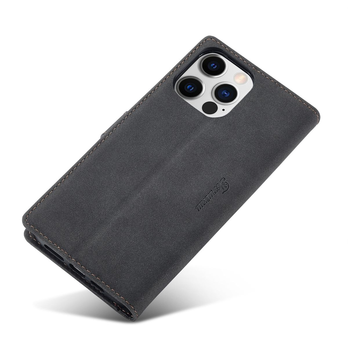 Graue Handyhülle mit Telefon im Inneren, zeigt Kamera und Markennamen.