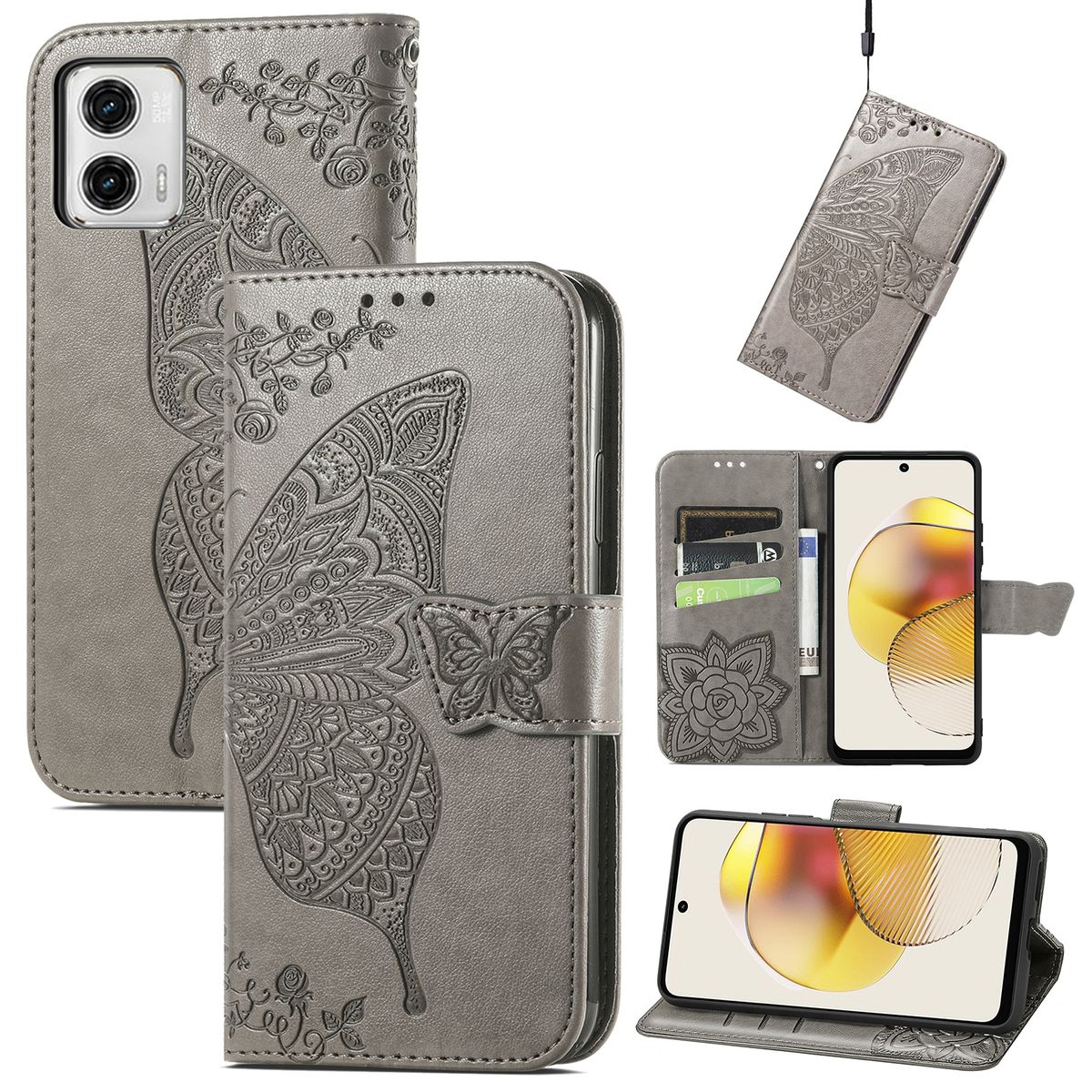 Graue Handyhülle mit Schmetterlingsdesign. Mehrere Ansichten: geschlossen, offen mit Telefon und Kartenfächern.