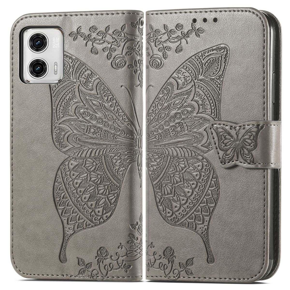 Graue Handyhülle mit Schmetterlingsdesign. Der Schmetterling ist mit floralen Mustern detailliert. Hülle ist offen.