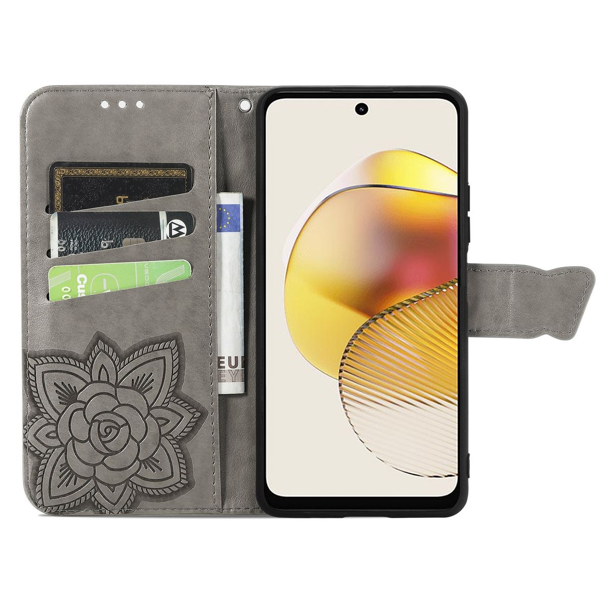 Geöffnete graue Handyhülle mit Telefon, Kreditkarten und Geldschein.