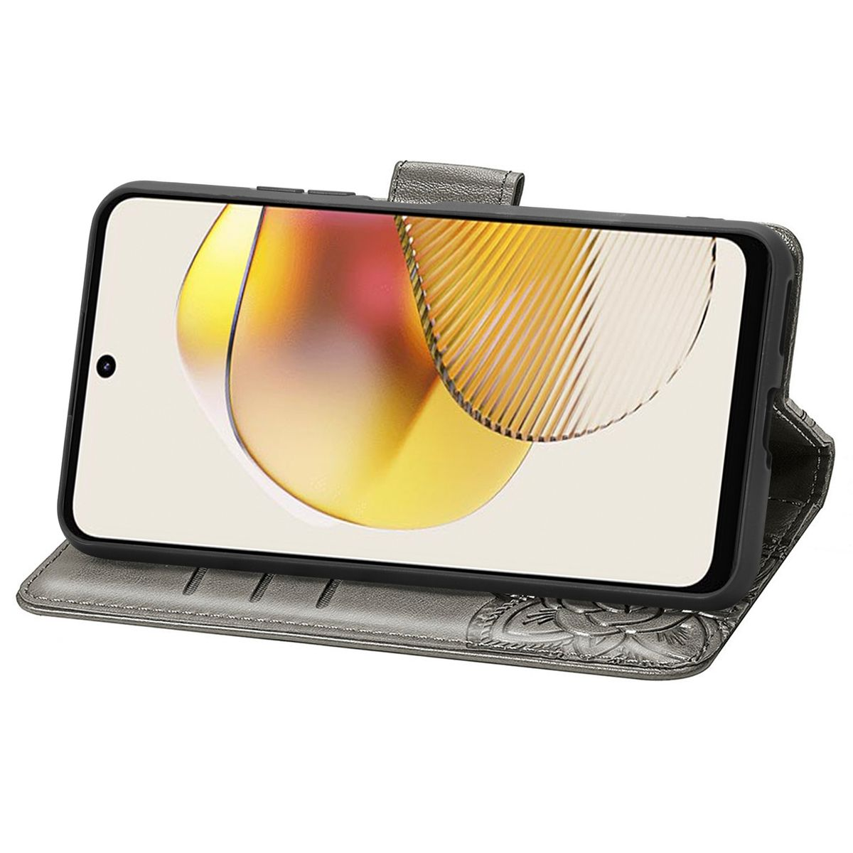 Geöffnete Handyhülle mit Telefon. Das Case ist grau mit Blumendesign.