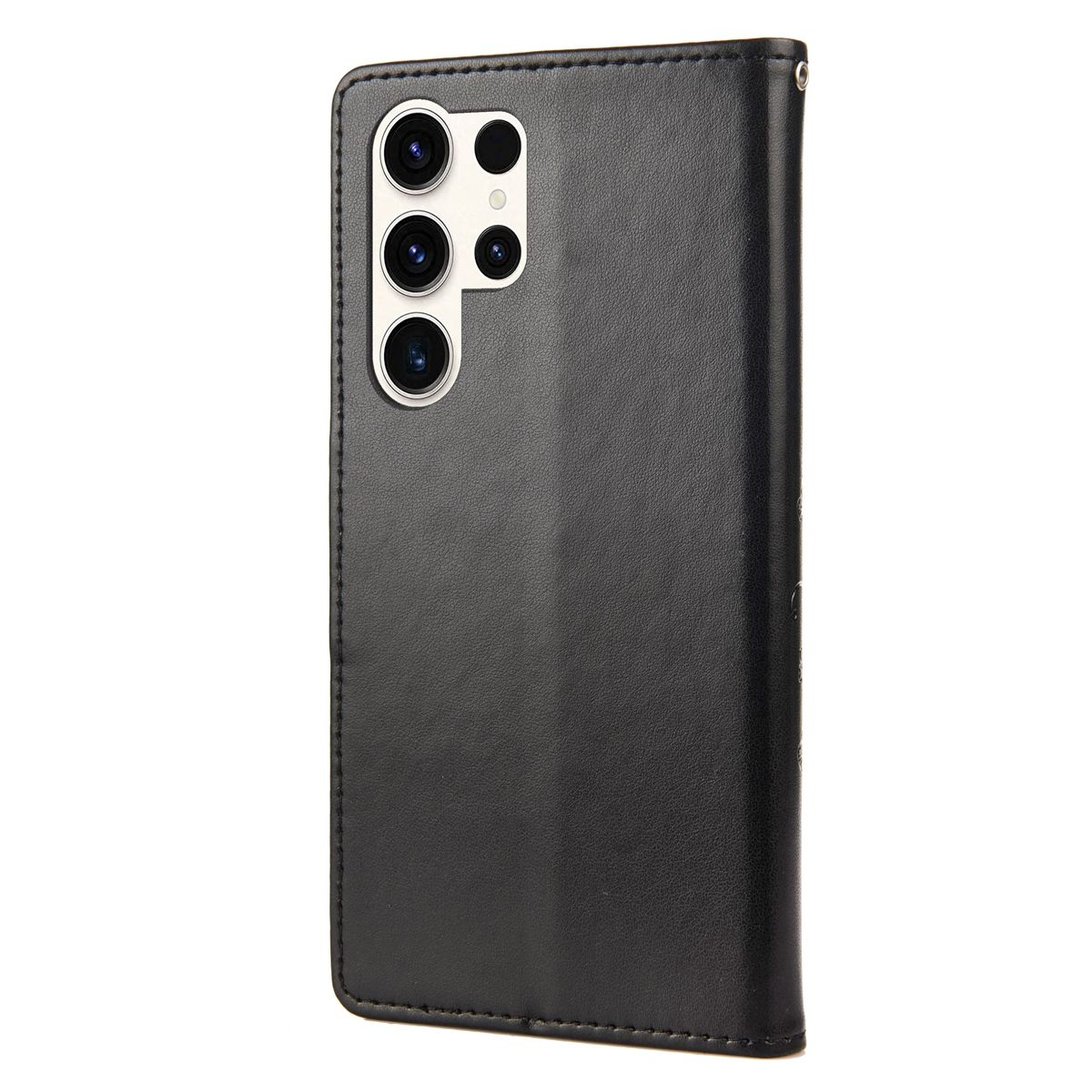 Schwarze Leder-Handyhülle mit Kameraausschnitten. Es hat ein Brieftaschendesign.