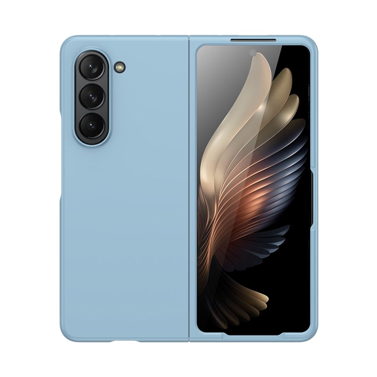 Eine hellblaue Handyhülle, geöffnet, enthüllt ein Telefon mit gebogenem Bildschirm und drei Kameras.