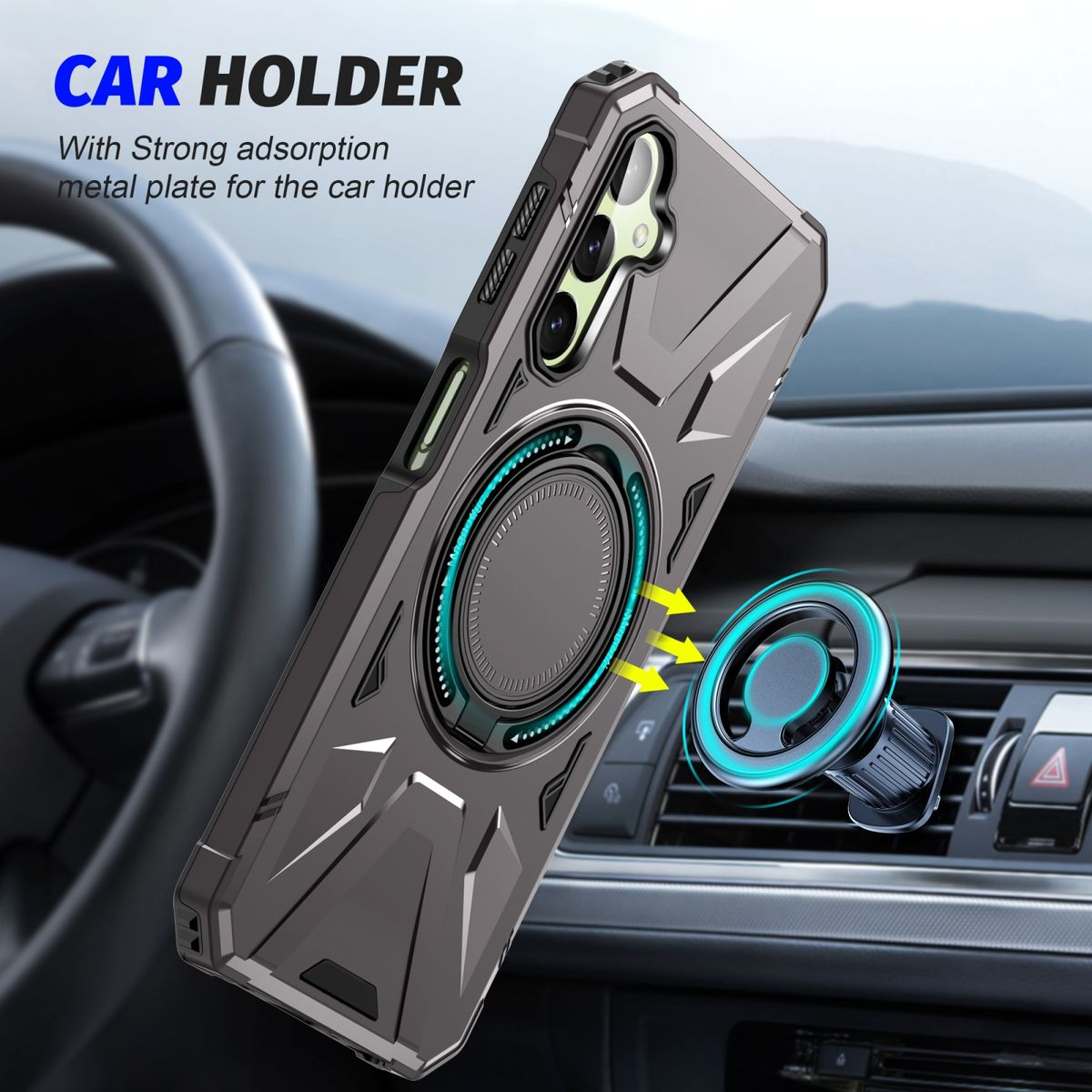 Graue Handyhülle mit Metallring und Pfeilen in einer Autohalterung. Hintergrund ist ein Autointerieur.