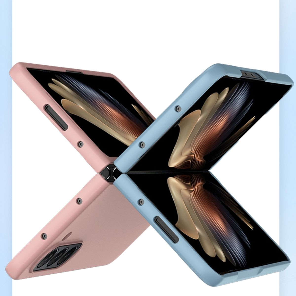 Zwei Handyhüllen, rosa und blau, überlappend, zeigen Bildschirmdetails.
