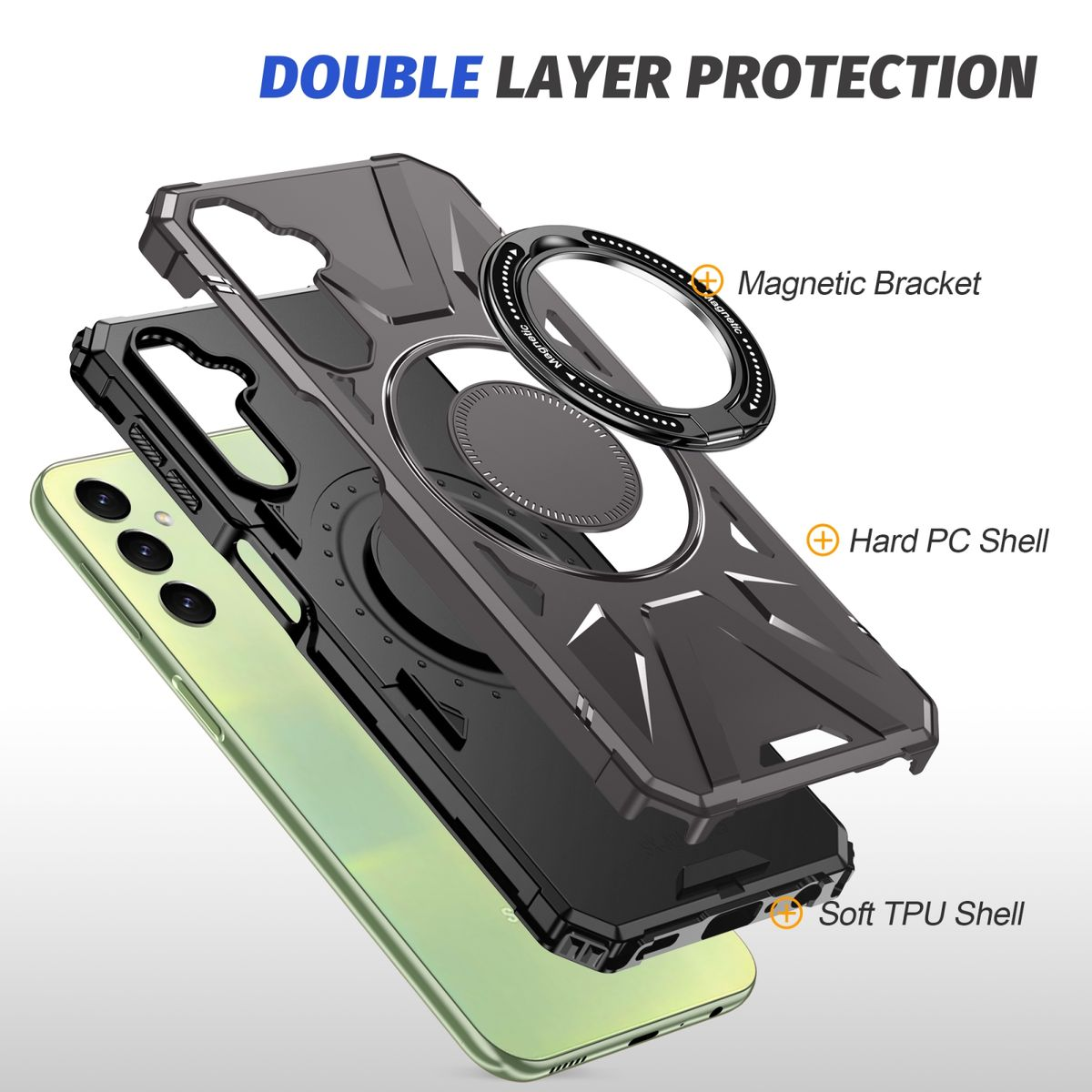 Handyhülle mit drei Schichten: Magnetbügel, Hart-PC-Schale und weiche TPU-Schale, für doppelten Schutz.