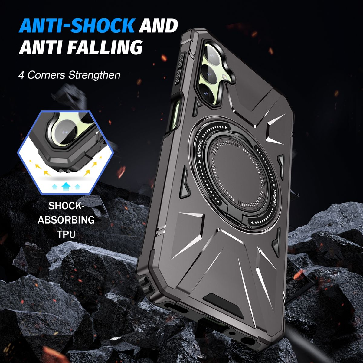 Dunkelgraue Handyhülle mit Text: ANTI-SHOCK, ANTI FALLING. Schwarz-graues Case mit Ring.