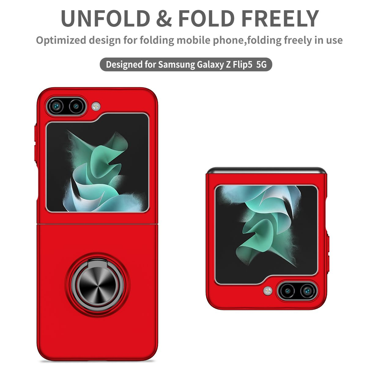 Zwei rote Samsung Galaxy Z Flip5 5G Handyhüllen, eine offen und eine geschlossen, mit einem Ringhalter.