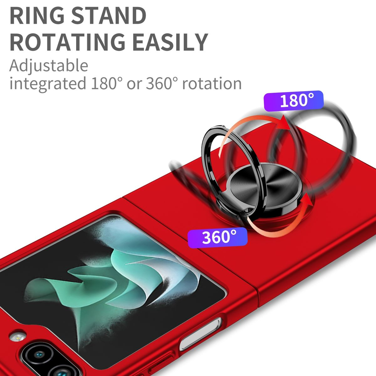 Eine rote Handyhülle mit verstellbarem Ringständer, gekennzeichnet mit Pfeilen für 180° und 360° Drehung.