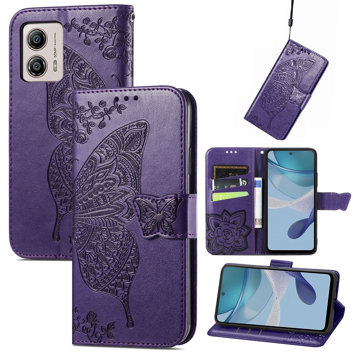 Lila Handyhülle mit Schmetterlingsdesign, Brieftaschen-Stil, mit Telefon darin.