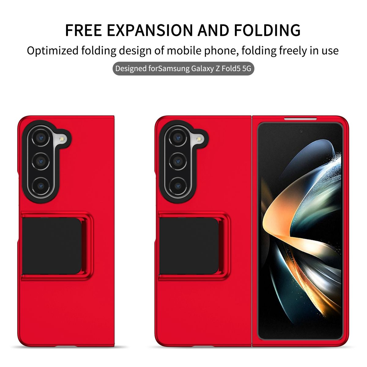 Rote Handyhülle mit zwei Teilen, entworfen für Samsung Galaxy Z Fold5 5G, offen und geschlossen.