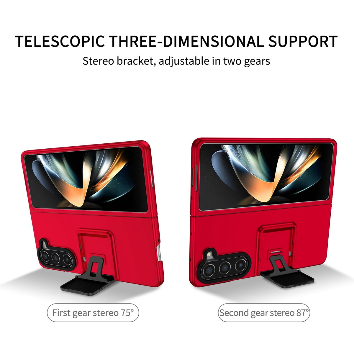 Rote Handyhülle mit Ständer. Zwei Telefone, eines bei 75 Grad, das andere bei 87 Grad. Einstellbare Stereo-Halterung.