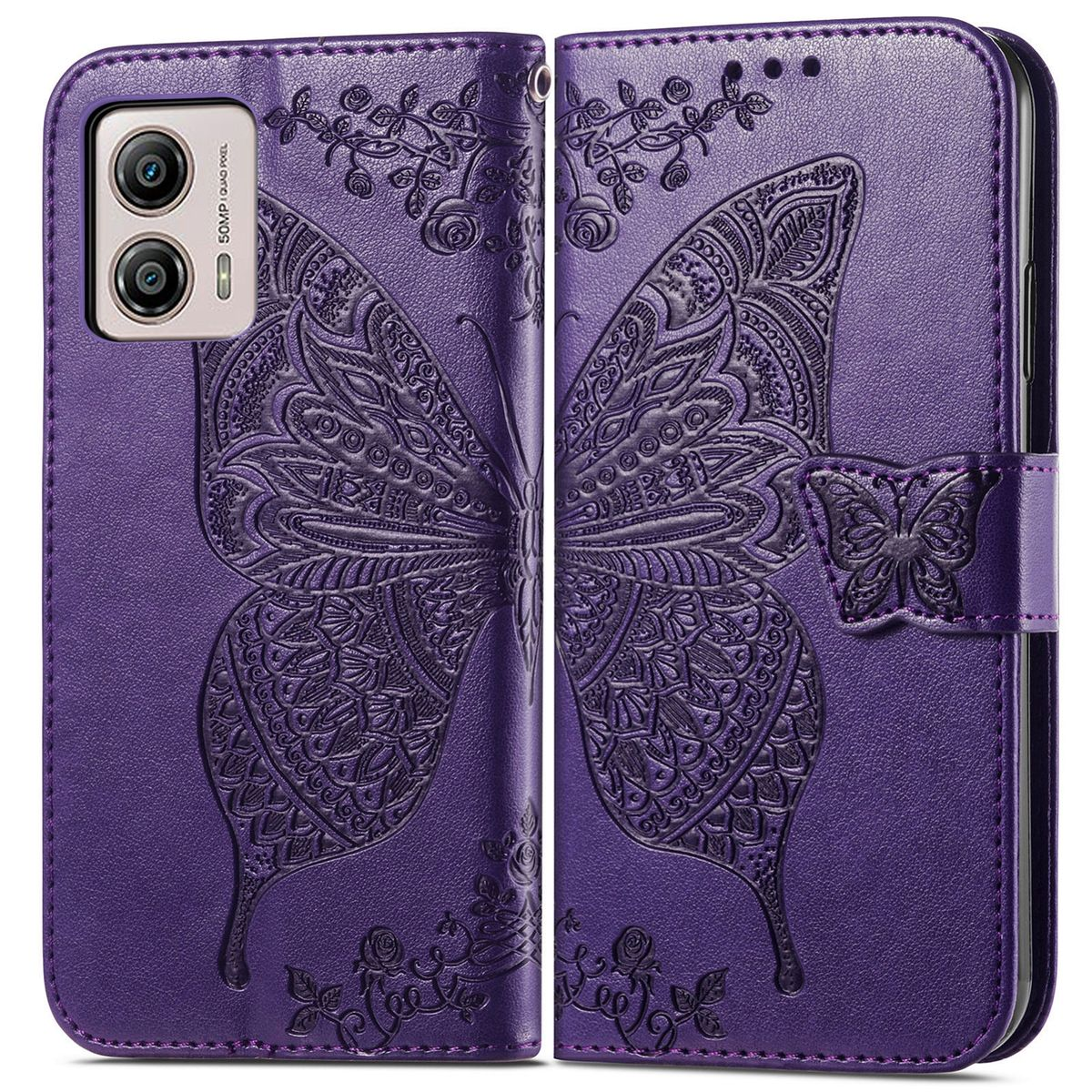 Lila Schmetterlings-Handyhülle, offen mit Telefon. Detailliertes Schmetterlingsdesign.
