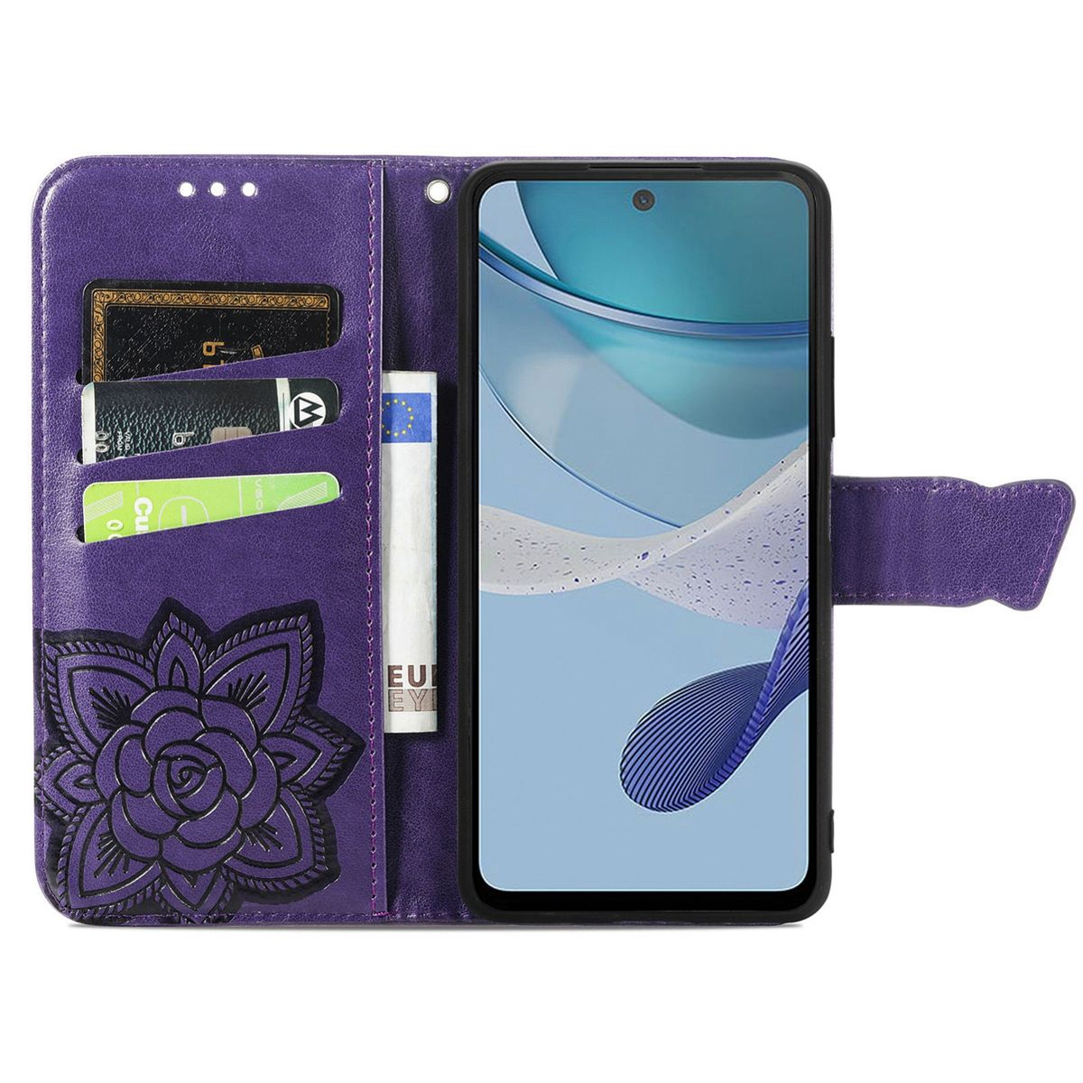 Lila Handyhülle offen, mit Telefon darin. Mit Blumendesign und Kartenfächern. Telefonbildschirm sichtbar.