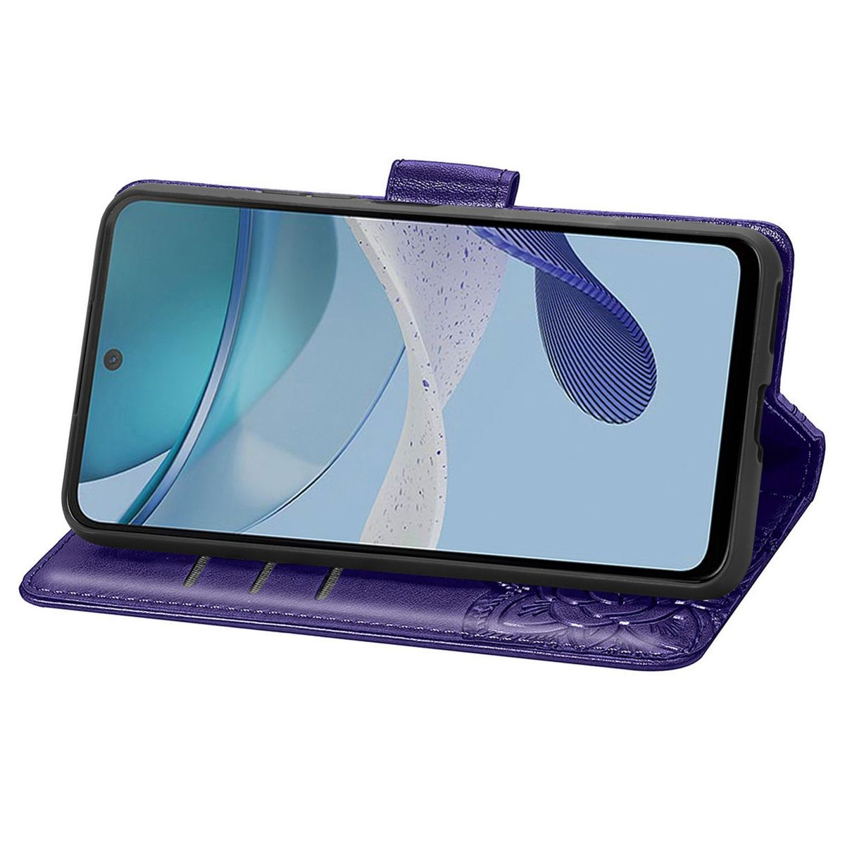 Violette Handyhülle mit Bildschirm, der ein weißes und blaues abstraktes Design zeigt. Die Hülle ist offen.