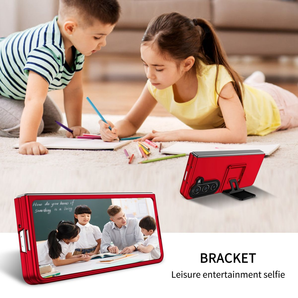 Kinder zeichnen mit Bleistiften auf einem Teppich. Handyhülle mit Ständer zeigt ein Klassenfoto. Text: Halterung, Unterhaltungsselfie.