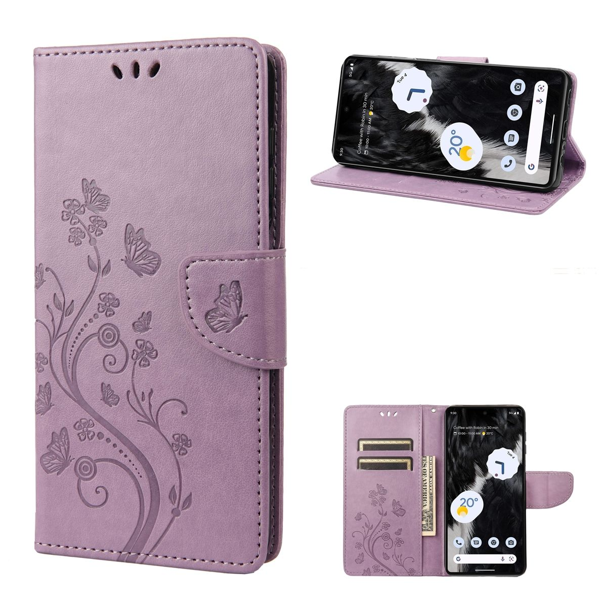 Lila Handyhülle mit Schmetterlingsdesign, offen mit Telefon darin und aufgestellt.