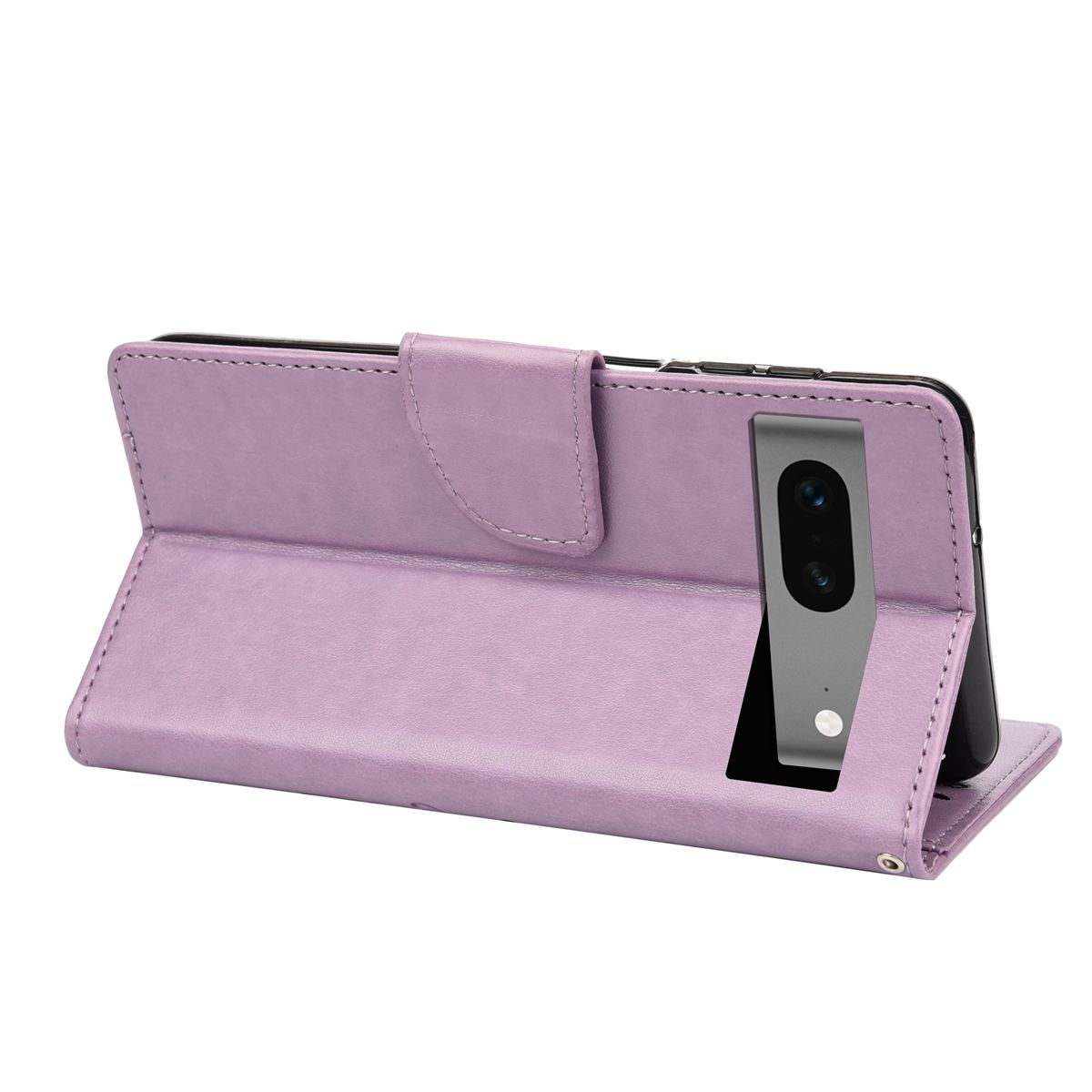 Eine hellviolette Handyhülle, geöffnet, mit einem Smartphone. Die Handykamera ist sichtbar.