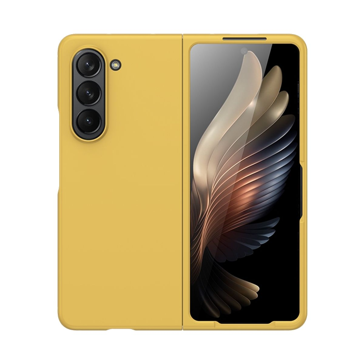 Eine gelbe Handyhülle, offen und geschlossen. Im Inneren ist ein dunkler Bildschirm mit goldenem Design sichtbar.