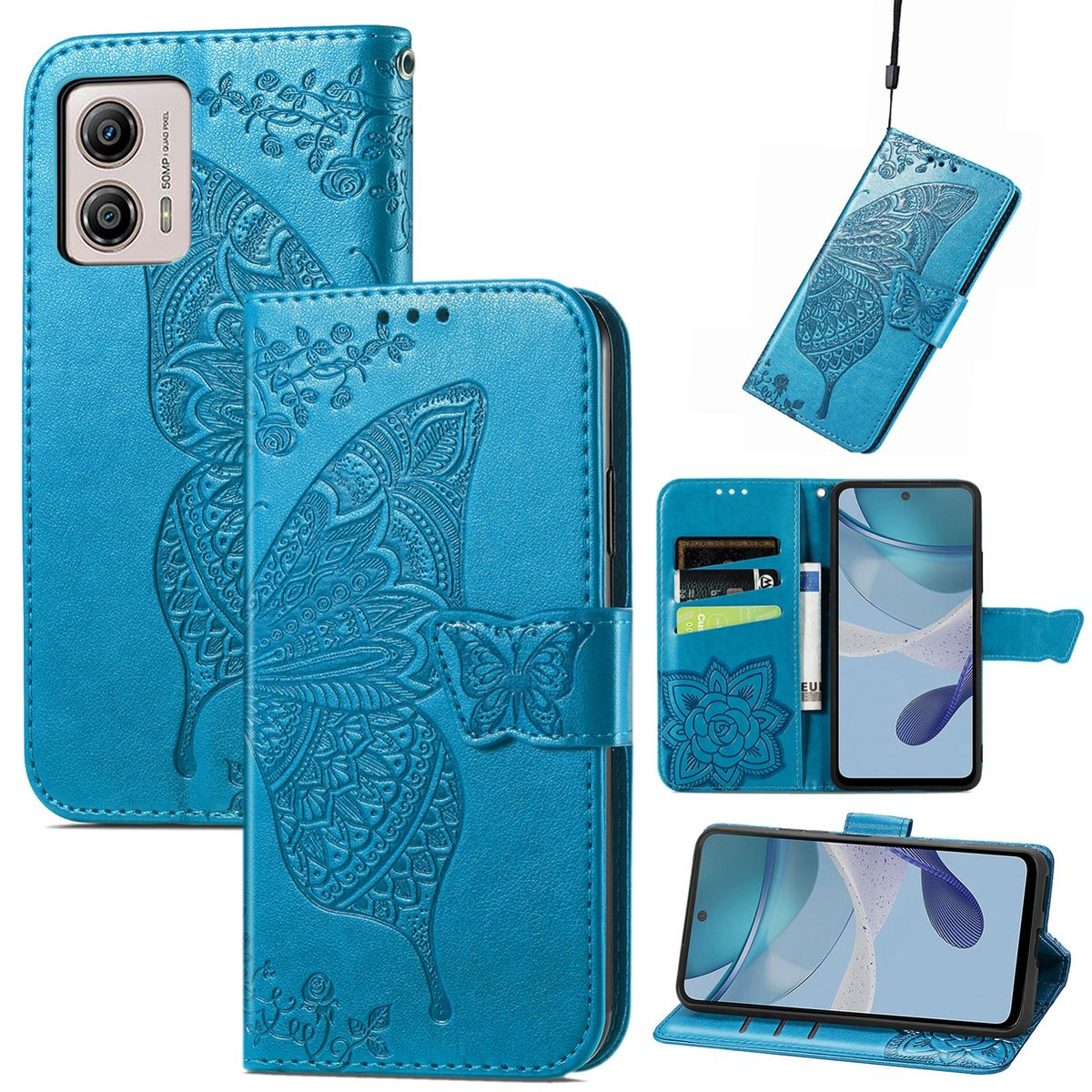 Blaue Handyhülle im Schmetterlings-Design mit verschiedenen Ansichten.