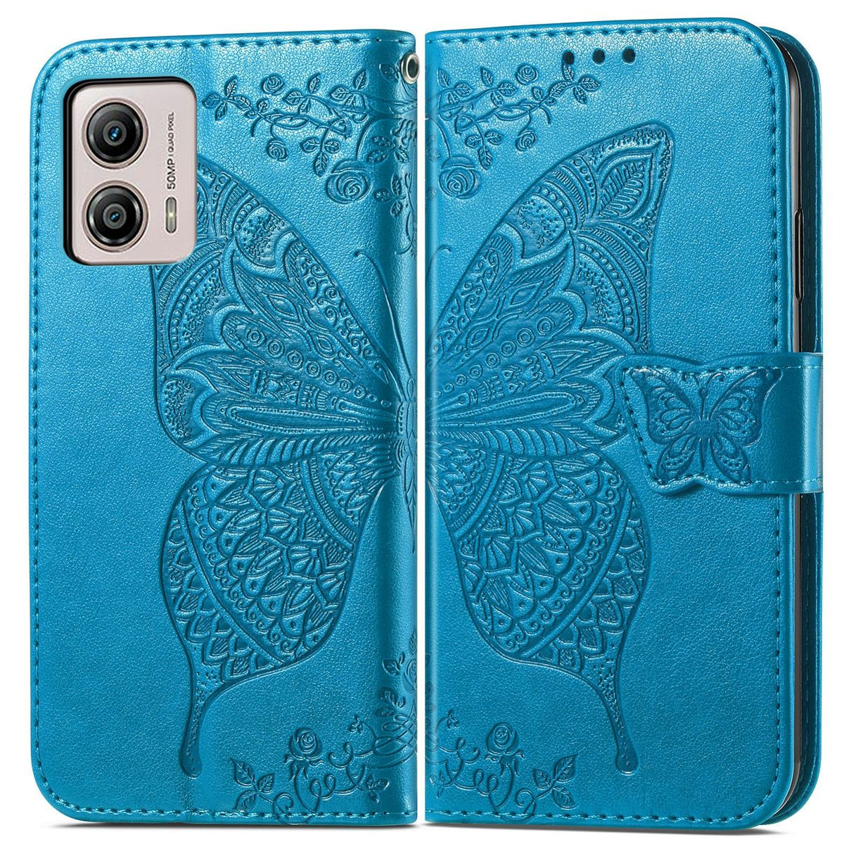 Eine blaue Leder-Handyhülle mit Schmetterlingsdesign, offen, zeigt das Telefon.