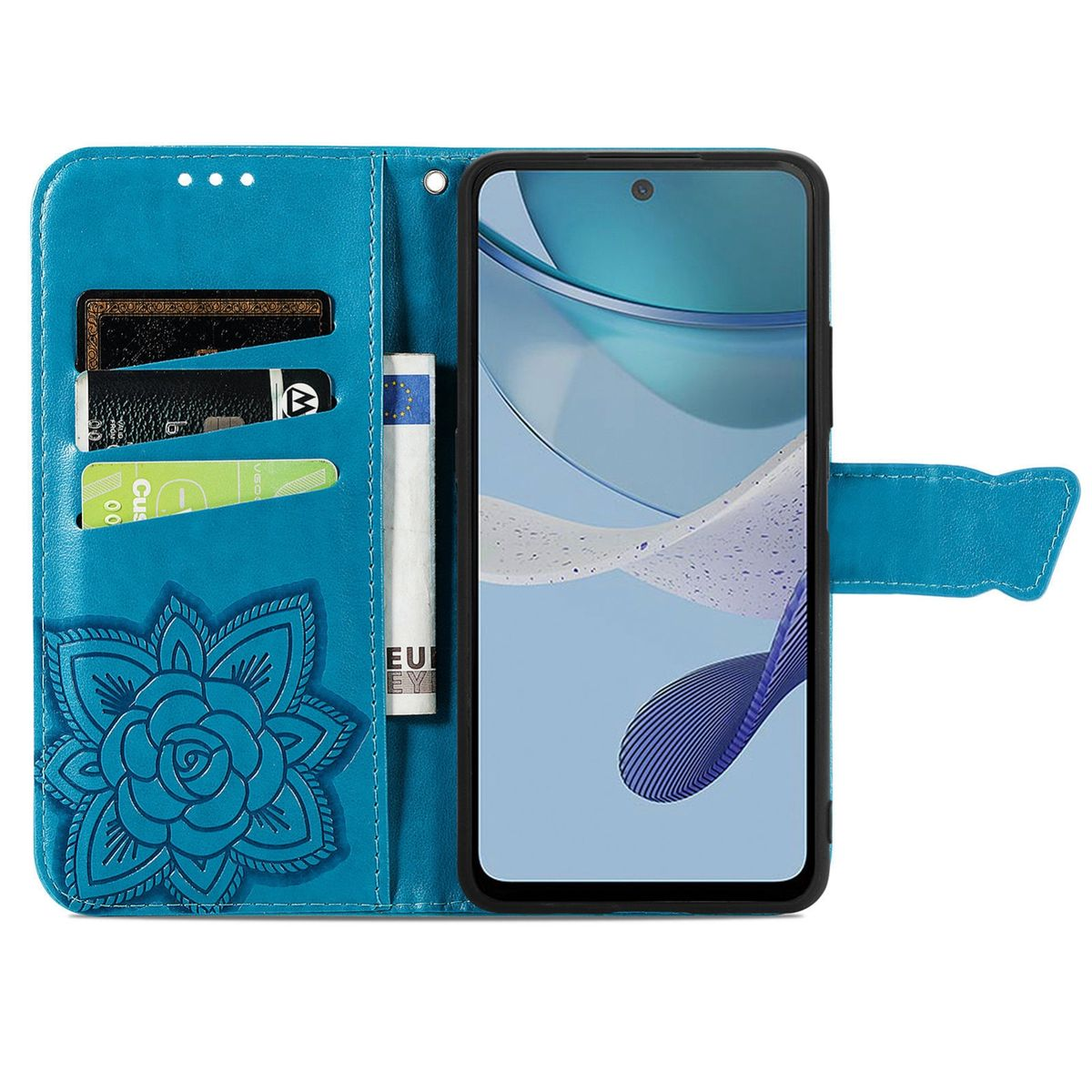 Blaue Telefonhülle mit Blumendesign, hält ein Telefon, Karten und eine Rechnung.