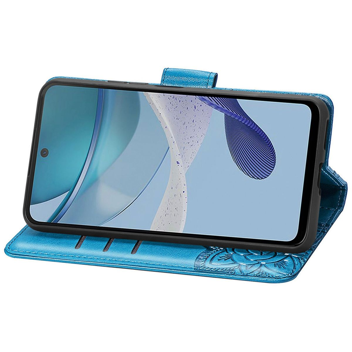 Eine blaue Handyhülle mit floralem Design, geöffnet, mit einem Telefon mit blauem Bildschirm.