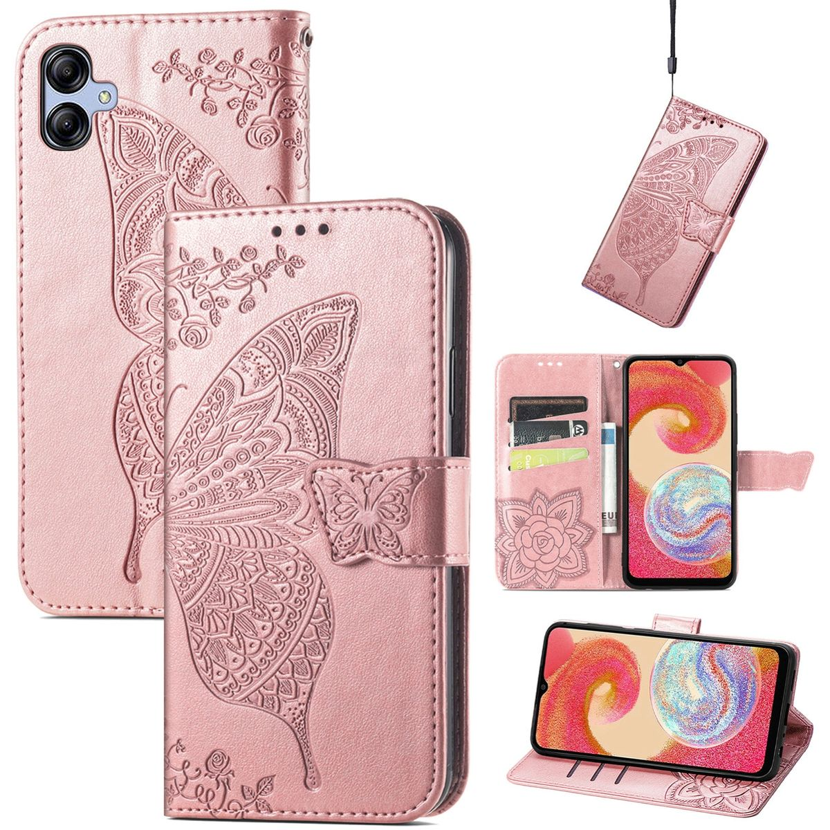 Eine pinke Handyhülle mit Schmetterlingsdesign und Klappe, mit einem Telefon darin.