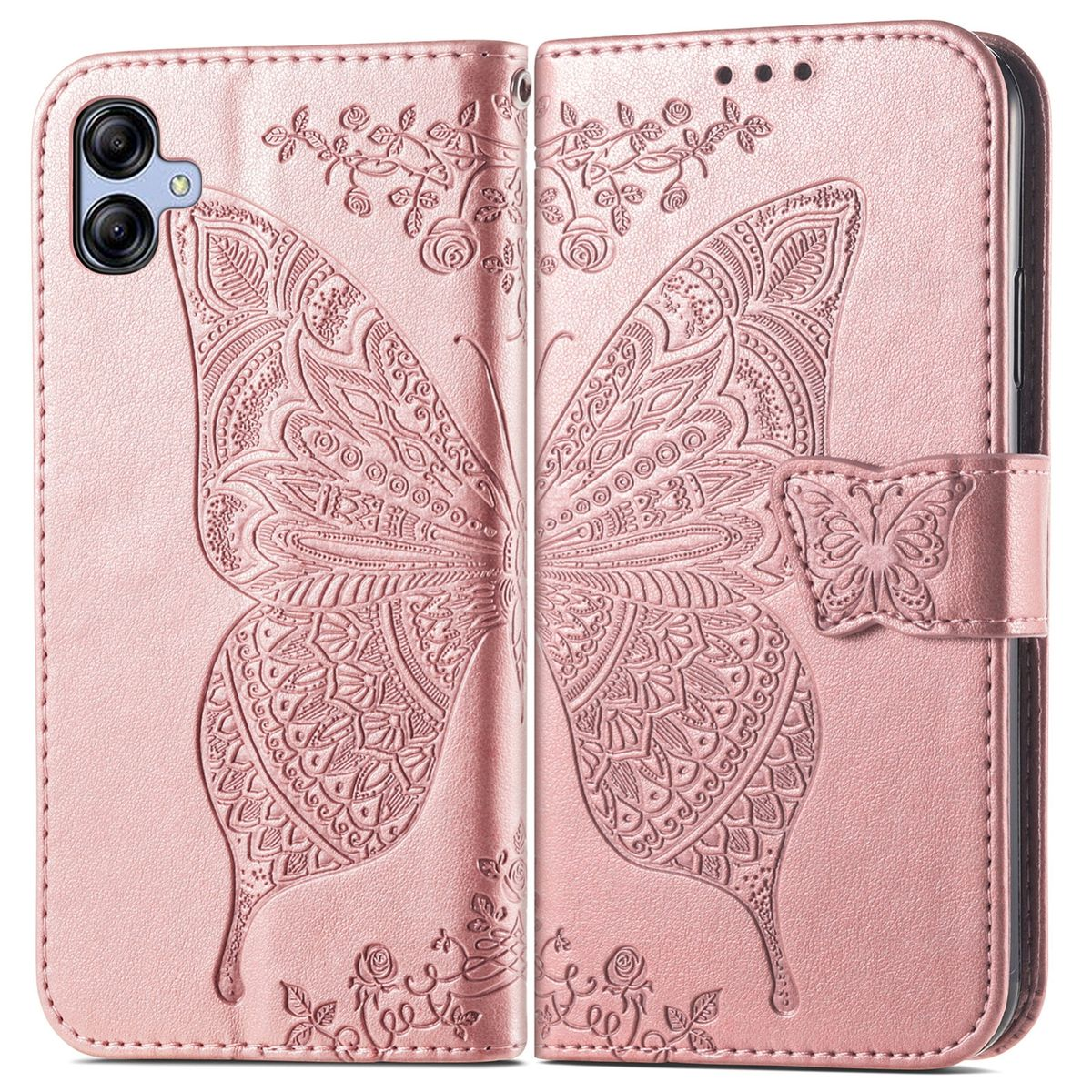 Eine rosa Handyhülle mit Schmetterlingsdesign, offen dargestellt.