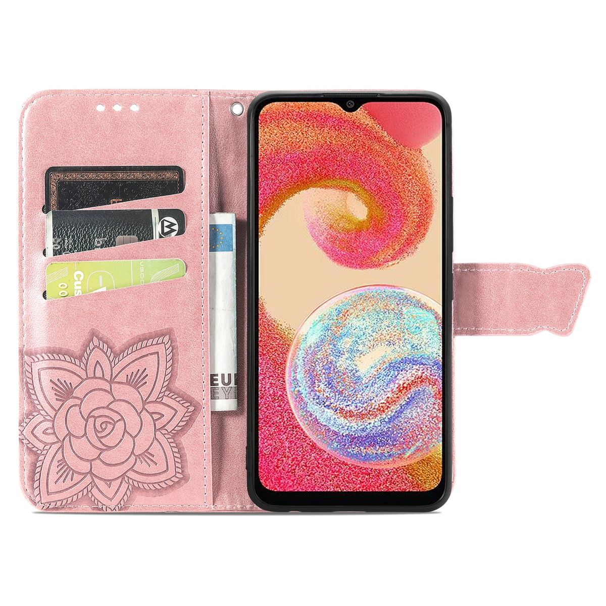Rosa Handyhülle mit Karten und einem Telefon. Ein florales Design befindet sich auf der Hülle.