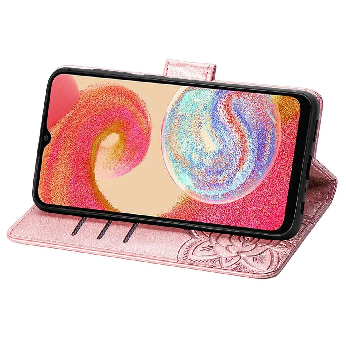 Rosa Handyhülle mit einem Telefon darin. Das Telefon zeigt ein abstraktes farbenfrohes Bild.