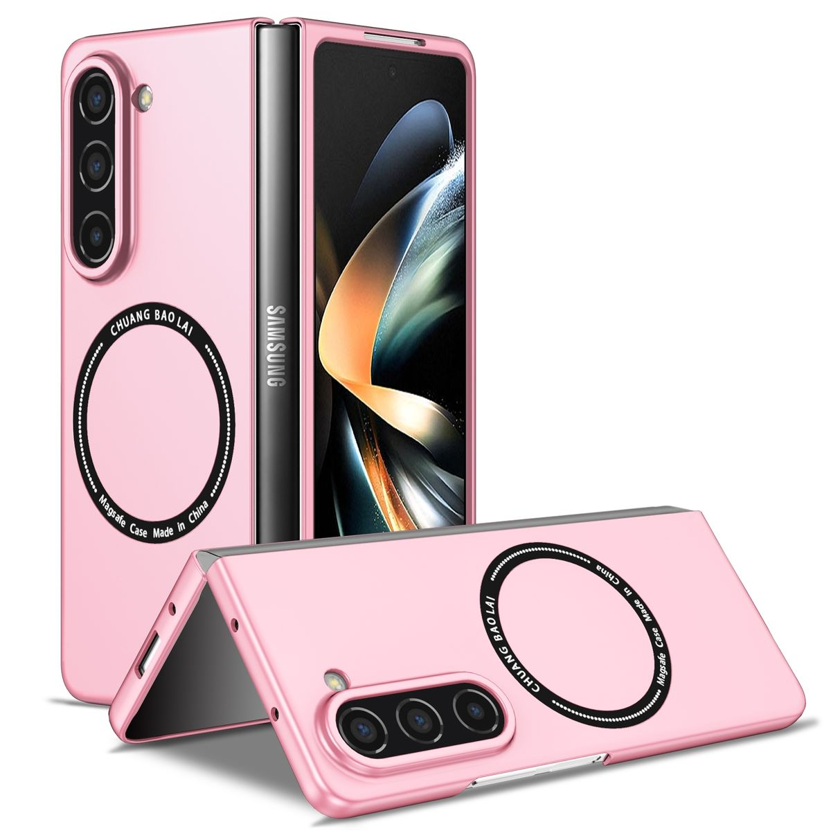 Rosa Handyhülle mit Magnetring und geöffnetem Telefon. Die Rückseite ist sichtbar.
