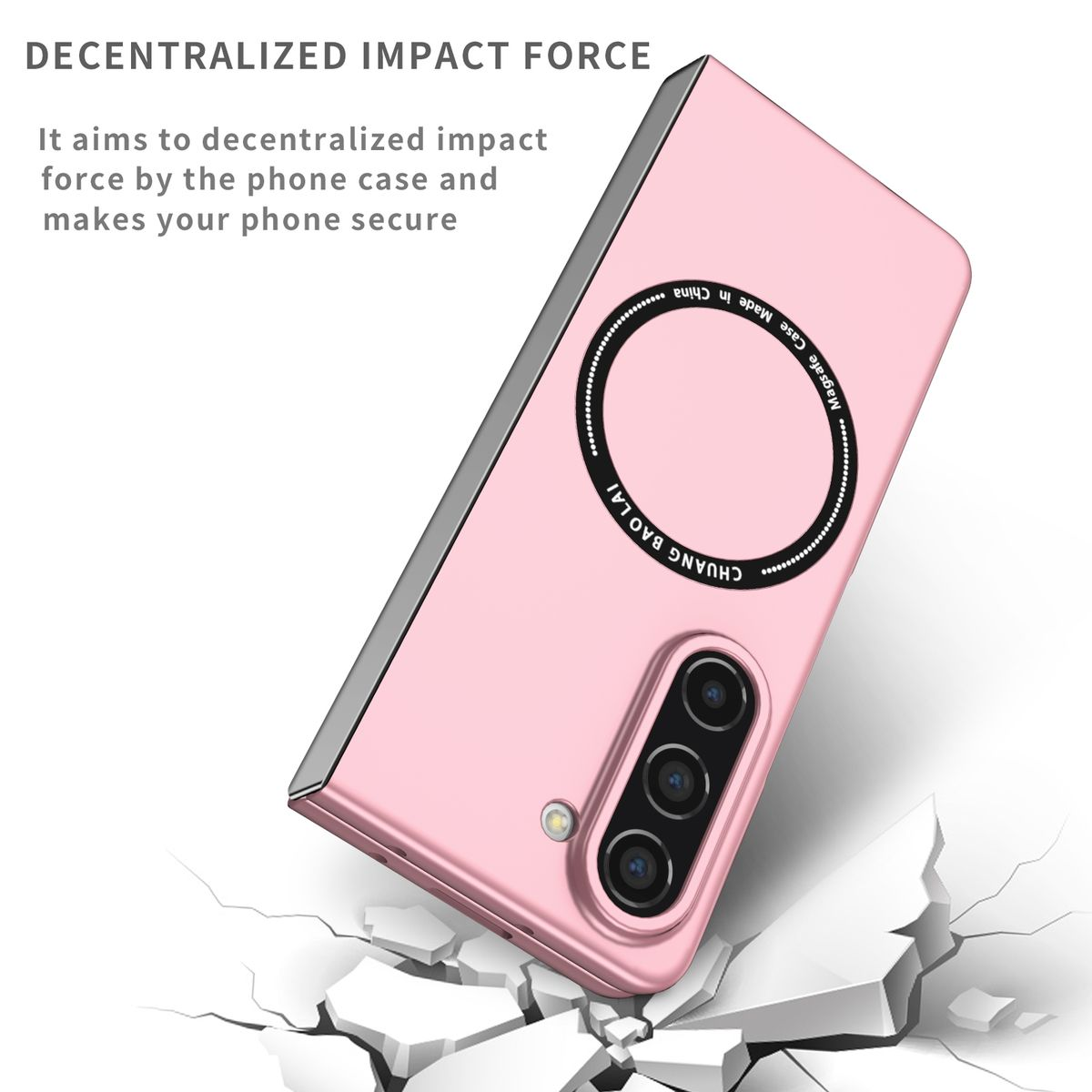 Eine pinke Handyhülle mit kreisförmigem Design und dem Schriftzug 'CHUANG BAO LAI'.
