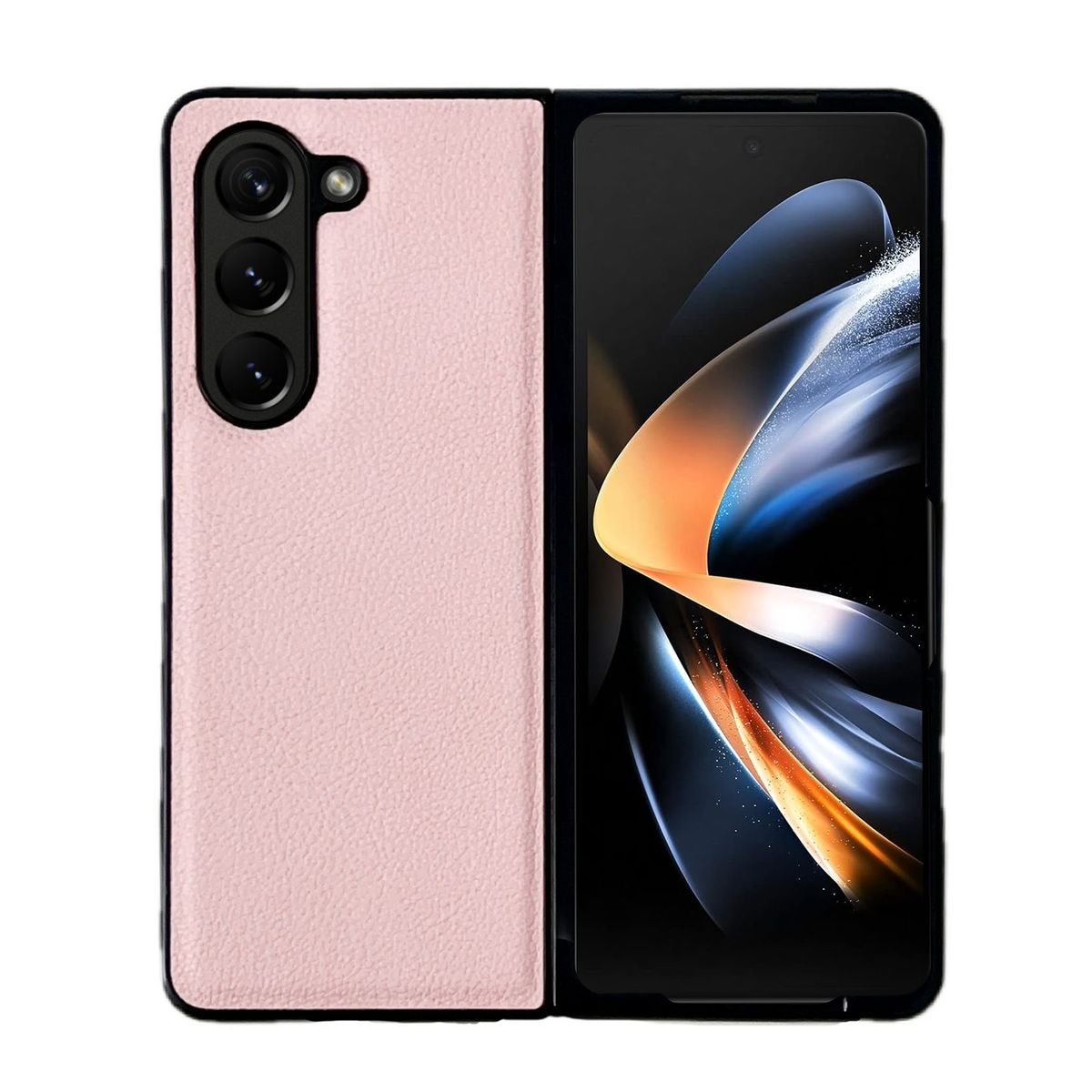 Faltbares Telefon geöffnet, zeigt Bildschirm mit Design. Die Rückseite ist hellrosa mit drei Kameras.